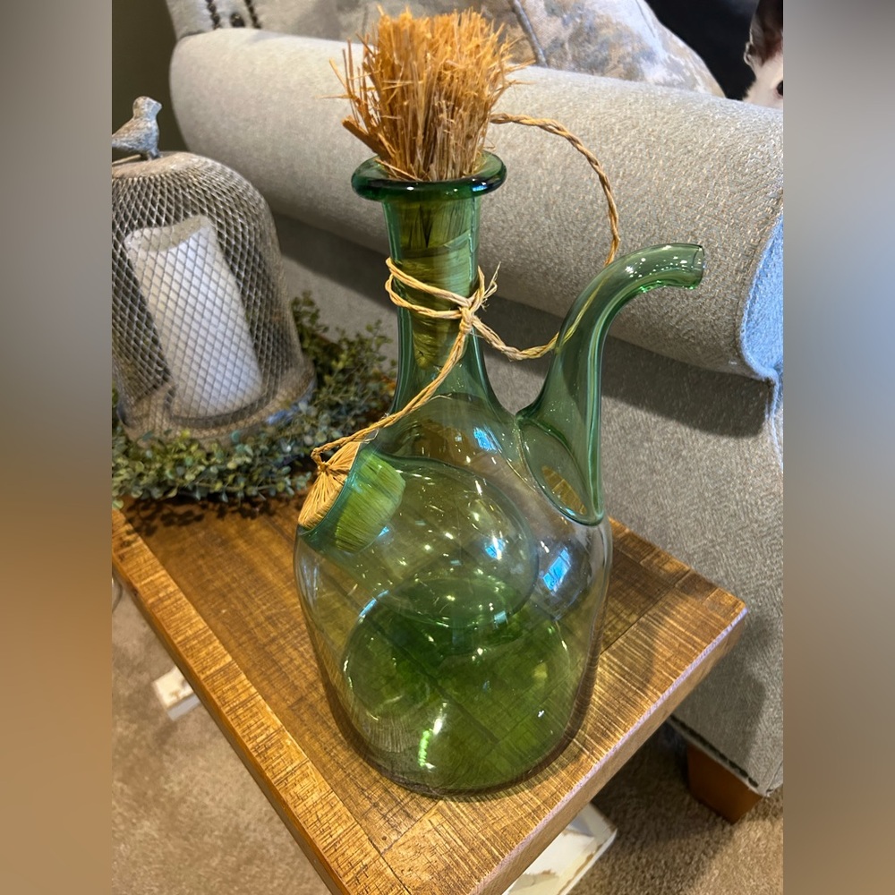 Vintage Large Hand Blown Green Glass Italian Wine Decanter Ice Chamber Barware